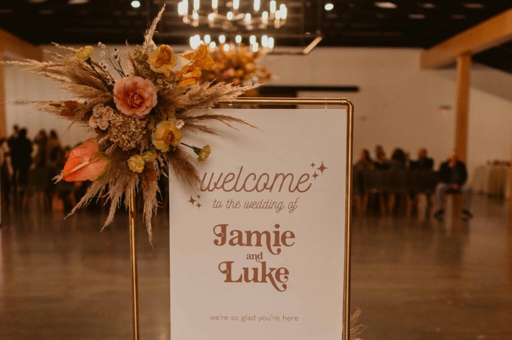 A retro welcome to the wedding of Jamie and Luke sign.